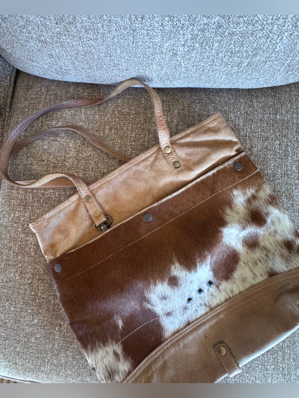 Myra Bag Brown and White Cowhide Tote with Tan Leather Trim